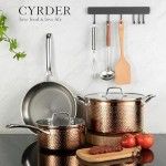 Cyrder Stainless Steel Pots and Pans Set, Luxury Tri-Ply Hammered Kitchenware Cookware with Lids, Heavy Duty & Non-Toxic Rose Gold Special Hammered Pattern Detail, 5-Piece