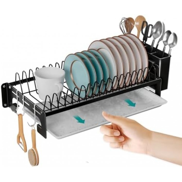 junyuan Wall Mount Dish Drying Rack, Hanging Dish Racks for Kitchen,Compact Dish Drainer with Drain Tray, Hooks, Utensil Holder for Various Kitchenware Rustproof Black