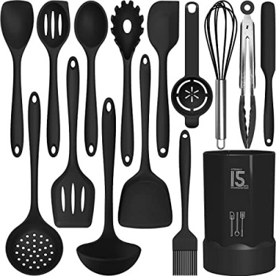 Silicone Cooking Utensils Set - 446°F Heat Resistant Kitchen Utensils,Turner Tongs,Spatula,Spoon,Brush,Whisk.Kitchen Utensil Gadgets Tools Set for Nonstick Cookware.Dishwasher Safe (BPA Free)