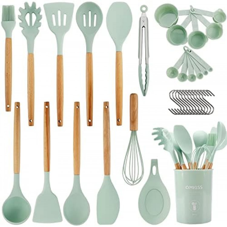 QMVESS Kitchen Utensils Set, 35 Pcs Non-Stick Silicone Cooking Utensils Set with Holder, Sturdy Wooden Handle, Heat Resistance Silicone Spatula Spoon Kitchen Gadgets Utensils Set (Light Green)