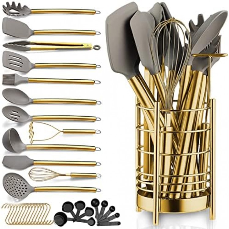 Gold Kitchen Utensils Set, Berglander 38 Pieces Non-stick Silicone Cooking Tools Spoon Spatula Set With Sturdy Stainless Steel Utensil Holder, Dishwasher Safe