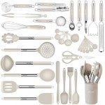 Kitchen Utensils Set-Silicone Cooking Utensils-32pcs Non-Stick Silicone Cooking Kitchen Utensils Spatula Set with Holder-Best Kitchen Cookware with Stainless Steel Handle (Khaki)