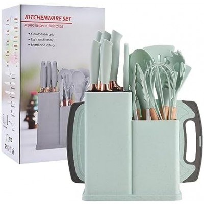 19 Piece Silicone Kitchenware Utensil Set Silicone Kitchen Utensils Set Heat Resistant Non-Stick Cooking Tool with Wooden Handles Silicone Cookware Set BPA Free,19pcs, Aqua