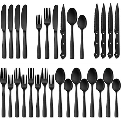 Hiware 24 Pieces Matte Black Silverware Set with Steak Knives for 4, Stainless Steel Flatware Cutlery Set, Hand Wash Recommended