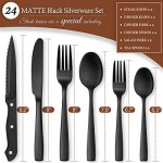 Hiware 24 Pieces Matte Black Silverware Set with Steak Knives for 4, Stainless Steel Flatware Cutlery Set, Hand Wash Recommended