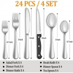 24 Pcs Silverware Set with Steak Knives Service for 4,Stainless Steel Flatware Set,Mirror Polished Cutlery Utensil Set,Home Kitchen Eating Tableware Set,Include Fork Knife Spoon Set,Dishwasher Safe