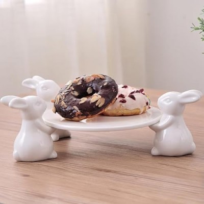 Bunny Rabbit Ceramic plate,Dishes for Dessert Food Server Tray,cute Cake Stand, Tableware Crafts gift for Kitchenware lovers,Wedding,mother's day (3 Rabbit)