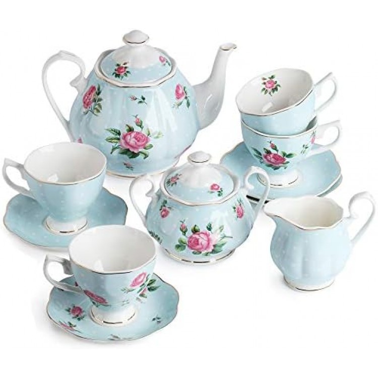 BTäT- Floral Tea Set, Tea cups (8oz), Tea Pot (38oz), Creamer and Sugar Set, Gift box, China Tea Set, Tea Sets for Women, Tea Cups and Saucer Set, Tea Set for Adults, 4 Tea Cups Set, Porcelain Tea Set