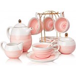 Sweejar Porcelain Tea Sets,8 oz Cups and Saucer Teaspoon Set of 4, with Teapot Sugar Bowl Cream Pitcher and Tea Strainer for Tea/Coffee,Afternoon Tea Party(Pink2)