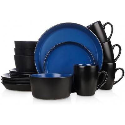 Stone Lain Albie Stoneware 16-Piece Modern Dinnerware Set, Kitchen Plates and Bowls Sets, Dish Set for 4, Blue and Black