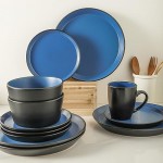 Stone Lain Albie Stoneware 16-Piece Modern Dinnerware Set, Kitchen Plates and Bowls Sets, Dish Set for 4, Blue and Black