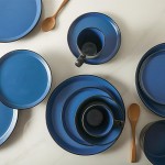 Stone Lain Albie Stoneware 16-Piece Modern Dinnerware Set, Kitchen Plates and Bowls Sets, Dish Set for 4, Blue and Black