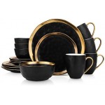 Stone Lain Modern Poreclain 16 Piece Dinnerware Set, Plates and Bowls Set, Dish Set for 4, Black and Golden Rim