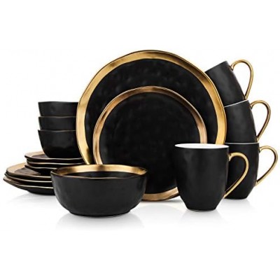 Stone Lain Modern Poreclain 16 Piece Dinnerware Set, Plates and Bowls Set, Dish Set for 4, Black and Golden Rim