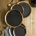 Stone Lain Modern Poreclain 16 Piece Dinnerware Set, Plates and Bowls Set, Dish Set for 4, Black and Golden Rim