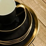 Stone Lain Modern Poreclain 16 Piece Dinnerware Set, Plates and Bowls Set, Dish Set for 4, Black and Golden Rim