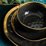 Stone Lain Modern Poreclain 16 Piece Dinnerware Set, Plates and Bowls Set, Dish Set for 4, Black and Golden Rim