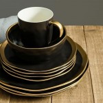 Stone Lain Modern Poreclain 16 Piece Dinnerware Set, Plates and Bowls Set, Dish Set for 4, Black and Golden Rim