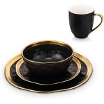 Stone Lain Modern Poreclain 16 Piece Dinnerware Set, Plates and Bowls Set, Dish Set for 4, Black and Golden Rim