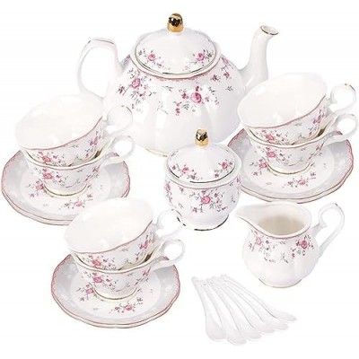 fanquare Vintage Porcelain Tea Set for Women Tea Party, Tea Cup and Saucer Set for 6, Wedding Floral Teapot Set for Adults, Pink Rose