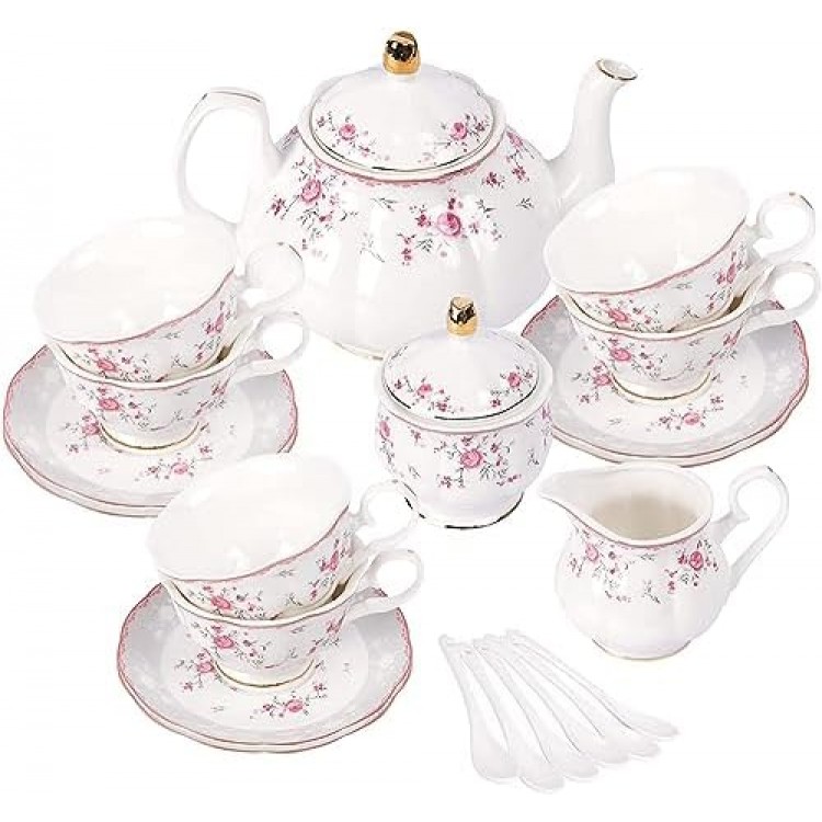 fanquare Vintage Porcelain Tea Set for Women Tea Party, Tea Cup and Saucer Set for 6, Wedding Floral Teapot Set for Adults, Pink Rose