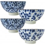 Four Piece Ceramic Donburi Bowl Set, Miso Soup Bowls with Blue and White Floral Designs, Kitchenware Housewarming and Wedding Shower Gifts, 4.75 Inches