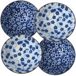 Four Piece Ceramic Donburi Bowl Set, Miso Soup Bowls with Blue and White Floral Designs, Kitchenware Housewarming and Wedding Shower Gifts, 4.75 Inches