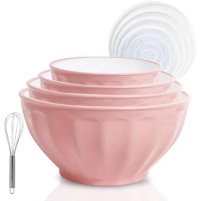 JCXivan Mixing Bowls with Lids Set,4 Piece Large Plastic Nesting Mixing Bowls,includes 4 Microwave safe Mixing Bowl and an Egg Whisk for Kitchen Prepping,Baking,Cooking Food, Pink