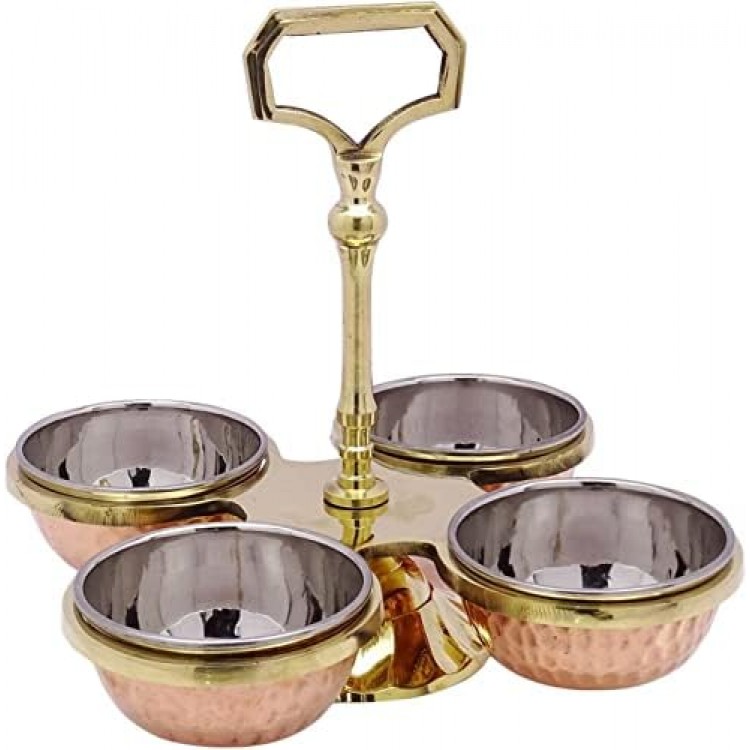 VAKRATUNDA KITCHENWARES Handmade Tableware Premium Copper & Steel Serving Bowls, Condiment Pots for Serving Pickle/Mouth Freshner/ Sauces/ Dry Fruit etc. (4 Bowls/Compartments)