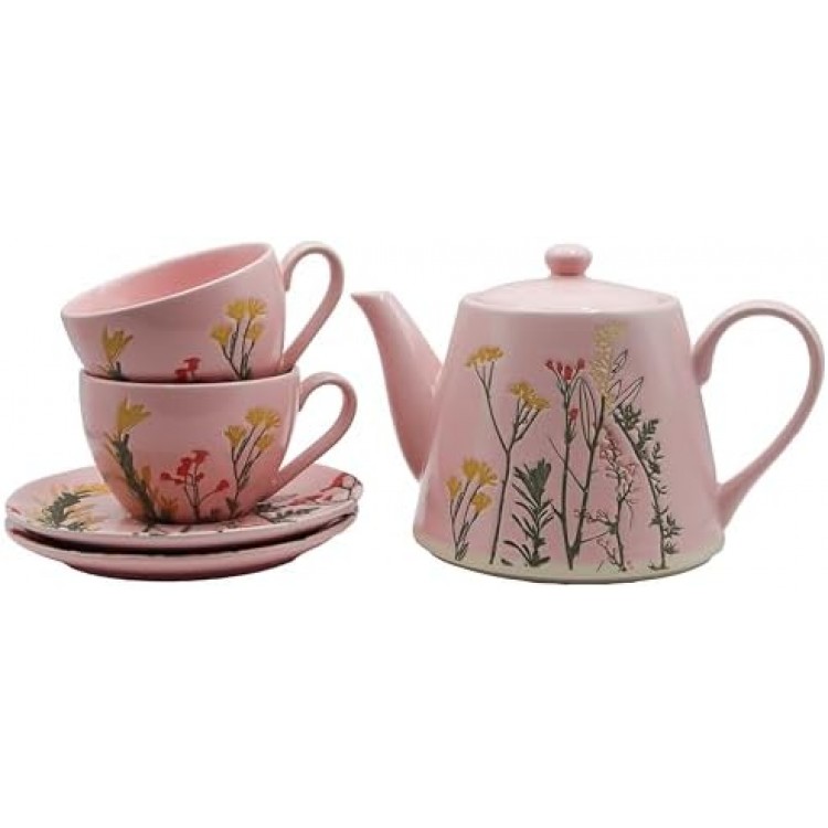 Cookspire Porcelain Tea Set - Modern Pink Tea pot (28.7 fl oz) and 2 Tea Cups with Saucers (9.2 fl oz) with Floral Design, Quality Craftsmanship for Tea Time, Ideal Tea Gift Set