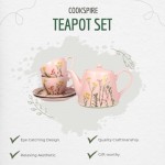 Cookspire Porcelain Tea Set - Modern Pink Tea pot (28.7 fl oz) and 2 Tea Cups with Saucers (9.2 fl oz) with Floral Design, Quality Craftsmanship for Tea Time, Ideal Tea Gift Set