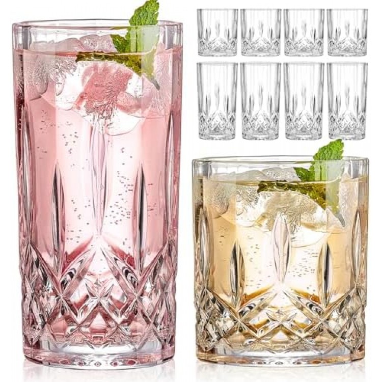 Qipecedm Drinking Glasses, 8 Piece Crystal Glass Cups, Mixed Glassware Set, 4 pcs Crystal Old Fashioned 11oz Highballs and 4 pcs 11oz Whiskey Glasses, Great for Cocktail, Whisky and other Beverages