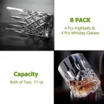 Qipecedm Drinking Glasses, 8 Piece Crystal Glass Cups, Mixed Glassware Set, 4 pcs Crystal Old Fashioned 11oz Highballs and 4 pcs 11oz Whiskey Glasses, Great for Cocktail, Whisky and other Beverages