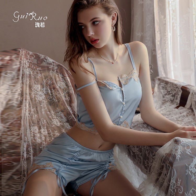 Guiruo Spring/Summer New Suspender Top Fold Drawstring Slim Shorts Lace up Outer Robe Women's Home Furnishing Set 1481