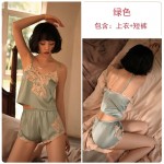 Guiruo Spring/Summer New Women's Imitation Silk Ice Silk Suspender Top and Shorts Two Piece Lace Sexy Home Fur 951