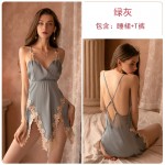 Qiruo Brand Autumn Sexy Deep V Pajamas Women's Satin Lace Split Sling Sleepwear Home Suit Set 1098