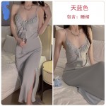 Guiruo Satin Perspective Lace Deep V Temptation Strap Temptation Plus Chest Cushion Sleeping Dress Outer Robe Home Suit Set J2970