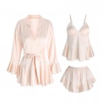 Guiruo Summer New Ice Silk Three Piece Set with Chest Pads Gathered Pajamas, Ruffle Edge Outer Robe, Homewear Set 3555