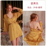 Guiruo pajamas Long sleeved breathable satin sweet pajamas Solid color suspender pajamas Outer robe Women's home wear set 2199