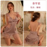 Guiruo Brand Solid Satin Bow Chest Cup with Chest Cushion Deep V Hollow Through Yarn Flying Sleeve Pajama Set 3226