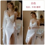 Guiruo Sexy High Split Ice Silk Pajamas with Chest Pads Gathered Lace Perspective Outer Robe Home Suit Set Q3255