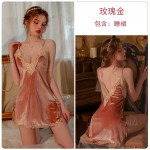 Guiruo Sexy Velvet Lace Splice Deep V Open Back Suspended Sleeping Dress Comfortable Outer Robe Women's Home Suit Set 2829