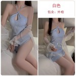 Guiruo Summer Hanging Neck Hollow out Temptation Slim Fit with Chest Pads Gathered Strap Sleeping Dress Outer Robe Home Suit Set 3417