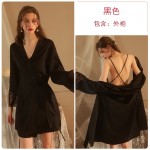 Guiruo Spring/Summer New Open Back Lace Hanging Pajama Dress Pleated Drawstring Pajama Outer Robe Women's Home Furnishing Set 1861