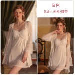 Guiruo Brand Sexy Comfortable Sling Sleeping Dress with Chest Pad Deep V Comfortable Outer Robe Lace Perspective Home Furnishing Set