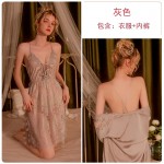 Guiruo Brand Sexy Lace Perspective Deep V Suspended Sleeping Dress Lace Loose Outer Robe Large Homewear Set 311