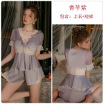 Guiruo Sweet Style Satin Panel Lace Perspective and Chest Cushion Top Shorts Two Piece Home Suit Set 3571