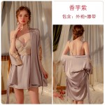 Guiruo Brand Solid Satin Open Back Chest Cushion with Sleeping Dress Lace Robe Pure French Home Set 2682