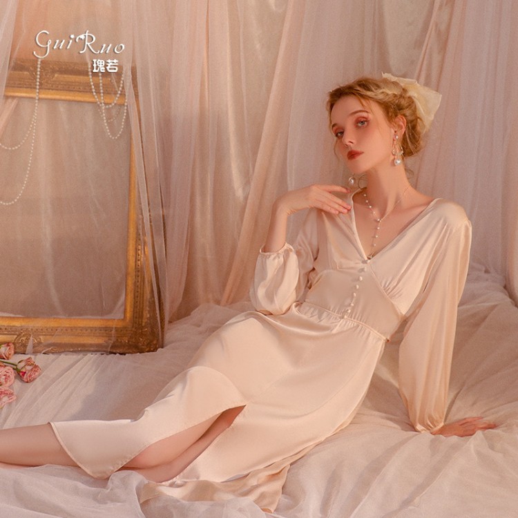 Guiruo Brand Sexy Temptation French Deep V Long Style Outwear Split Women's Nightwear Home Suit Set Q2796