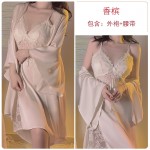 Guiruo Sexy Satin Embroidery Lace Deep V with Chest Cushion Hanging Strap Sleeping Dress Lazy Outer Robe Home Suit Set 2744